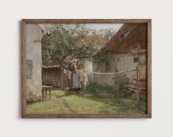 Cottage Clothesline Print Country Garden Laundry Scene Farmhouse Utility Instant Download PTS175