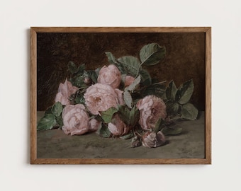 Pink Roses Print Dark Moody Floral Still Life Vintage Flower Painting Printable Wall Art Romantic Bedroom Decor PTS048