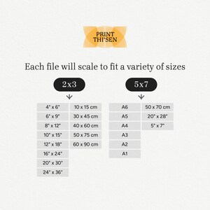 May include: A chart showing the different sizes that digital files can be scaled to fit. The chart is divided into two sections, 2x3 and 5x7. The 2x3 section lists the following sizes in inches: 4x6, 6x9, 8x12, 10x15, 12x18, 16x24, 20x30, and 24x36. The 5x7 section lists the following sizes: A6, A5, A4, A3, A2, and A1. The chart also includes the corresponding measurements in centimeters.