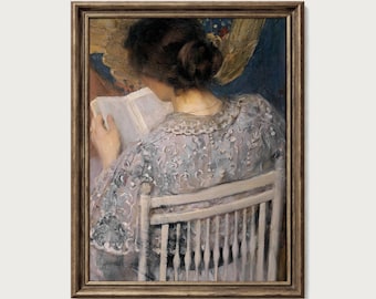 Woman Reading Chair Book Lover Gift Quiet Evening Interior Scene Soft Lamp Light Digital Download PTS150