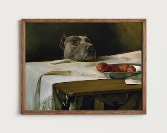 Dog at Kitchen Table Print Vintage Funny Dog Painting Moody Still Life Gallery Wall Art Kitchen Dining Decor PTS027