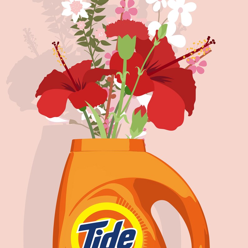 May include: A bouquet of red hibiscus flowers, white flowers, and green foliage in an orange Tide laundry detergent bottle.