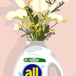 May include: A white laundry detergent bottle with a green label that says "#1 Brand Recommended by Dermatologists, Allergists & Pediatricians for Sensitive Skin" and the word "all" in blue. The bottle is filled with white liquid and has a yellow cap. A bouquet of white calla lilies and yellow flowers is in the opening of the bottle.