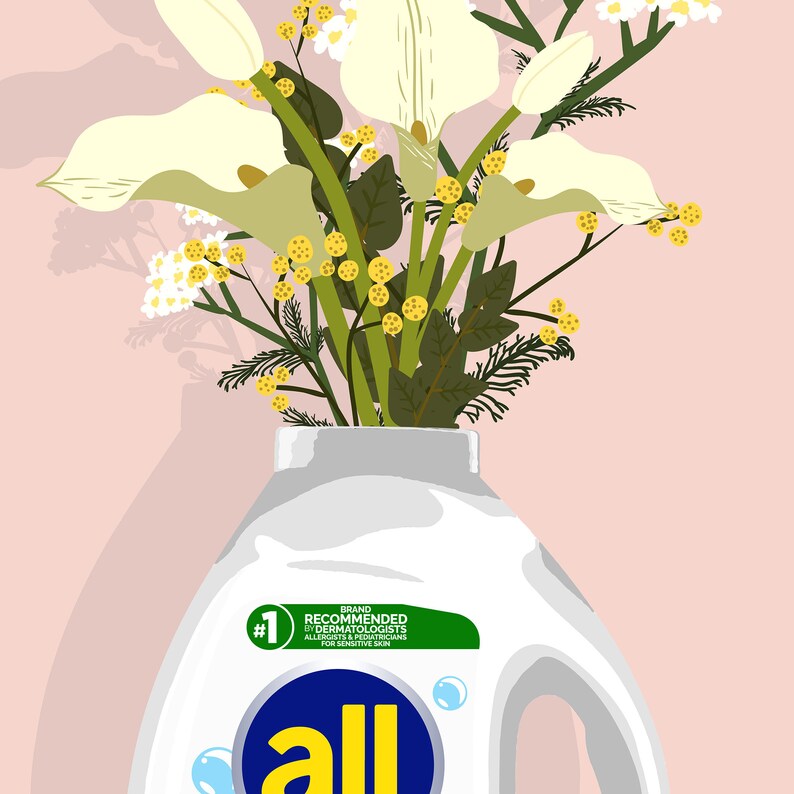May include: A white laundry detergent bottle with a green label that says "#1 Brand Recommended by Dermatologists, Allergists & Pediatricians for Sensitive Skin" and the word "all" in blue. The bottle is filled with white liquid and has a yellow cap. A bouquet of white calla lilies and yellow flowers is in the opening of the bottle.