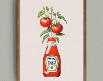 Tomato Ketchup Bottle Art Print, Botanical Kitchen Wall Art, Vintage Style Food Poster, Digital Download Kitchen or Dining Room, PRINT100