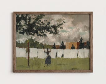 Moody Laundry Print Clothesline Woman Country Field Wash Day Instant Download PTS181