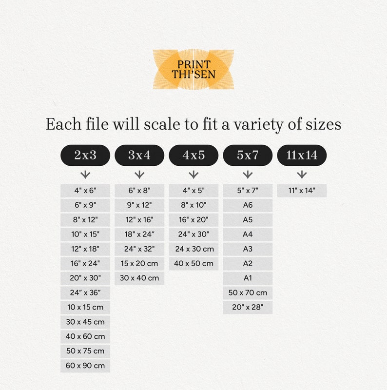 May include: A chart showing different print sizes and their corresponding measurements in inches and centimeters. The chart is titled "Each file will scale to fit a variety of sizes" and includes the following sizes: 2x3, 3x4, 4x5, 5x7, and 11x14.