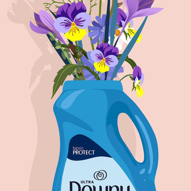 May include: A blue plastic bottle of Downy fabric softener with a bouquet of purple, yellow, and white flowers in the opening. The bottle has the words "fabric protect" and "ultra" printed on it.