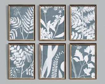 Botanical Wall Art Set of 6 Muted Blue Floral Prints Vintage French Country Decor Cottagecore Gallery Wall SET010