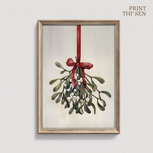 Cozy Cottagecore Mistletoe Christmas Wall Art Festive Holiday Digital Minimalist Botanical Print Seasonal Home Rustic Romantic XMAS003