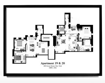 Plano de apartamento de amigos Arte de pared con planos en blanco y negro Descarga digital PRINT183