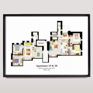 FRIENDS TV show floor plan: Monica, Rachel, Chandler, Joey, apartments, poster, print, wall art, girlfriend gift, digital download PRINT049