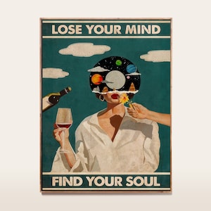 ヴィンテージ ミュージック ポスター、パルプ フィクション、Lose Your Mind Find Your Soul、レトロ アート プリント、ピンク フロイド、ワインを持つ少女、ワイン ラバー、デジタル PRINT047
