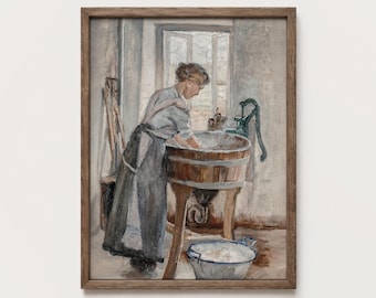 Wash Tub Woman Print Farmhouse Sink Country Cottage Laundry Room Instant Download PTS178