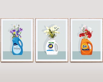 Laundry Room Flower Prints Modern Kitchen Wall Art Set of 3 Digital Download SET018