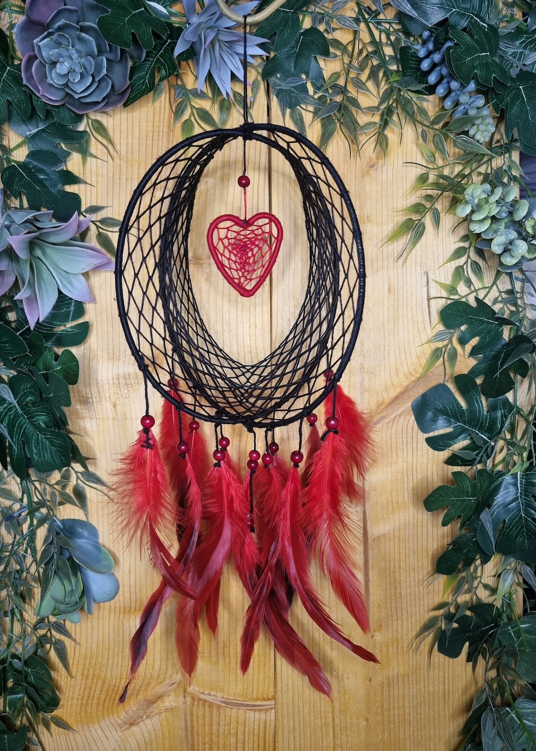Handcrafted Black and Red 3D Dream Catcher With Wooden Beads and Red