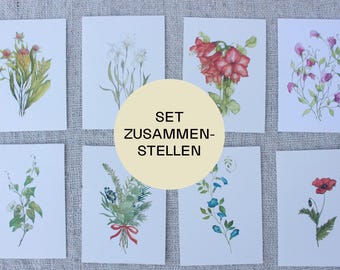 Jeu de cartes postales ZUSAMMENSTELLEN | Jeu de cartes postales 5 pièces | Carte postale Blume Wasserfarbe Geschenkkarte | Botanische Postkarten Geschenk für Sie