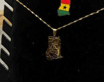 Ghana Map Necklace – 18K Gold Plated Pendant with Flag or Plain Gold Design (45cm Chain)