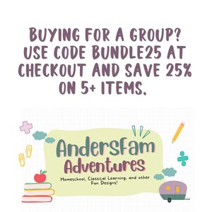 May include: A green and yellow illustration of a cloud with the text "Andersfam Adventures" in a colorful font. The text below the cloud reads "Homeschool, Classical Learning, and other Fun Designs!"
