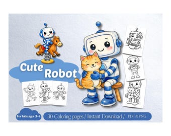 Cute Robot Coloring Book for Kids, Printable Robot Coloring Pages, Kawaii Robot Activity Book, Instant Download PDF