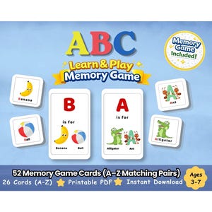 May include: Educational memory game with ABC letters and matching pairs. The game includes cards with illustrations of a banana, ball, alligator, and ant. The game is designed for ages 3-7 and includes 52 cards.