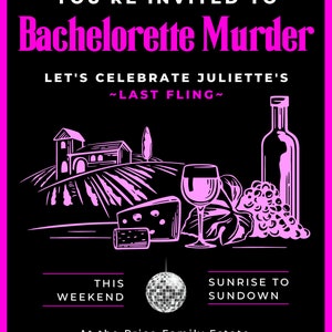 K&ouml;nnte beinhalten: Schwarze und rosa Einladung f&uuml;r einen Junggesellinnenabschied mit dem Text "Bachelorette Murder". Die Einladung enth&auml;lt Illustrationen eines Weinbergs, einer Weinflasche, K&auml;se und einer Discokugel. Der Text lautet "Let's Celebrate Juliette's ~Last Fling~."