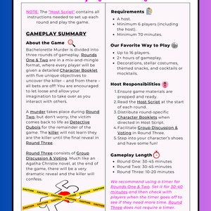 K&ouml;nnte beinhalten: Ein wei&szlig;es und lila Spielzusammenfassungsblatt mit dem Titel &bdquo;Gameplay Summary&ldquo;. Das Blatt enth&auml;lt Details zu Spielanforderungen, Spieldauer und Gastgeberverantwortlichkeiten. Enth&auml;lt Text &uuml;ber das Spiel &bdquo;Bachelorette Murder&ldquo; und eine Grafik mit Warnband.