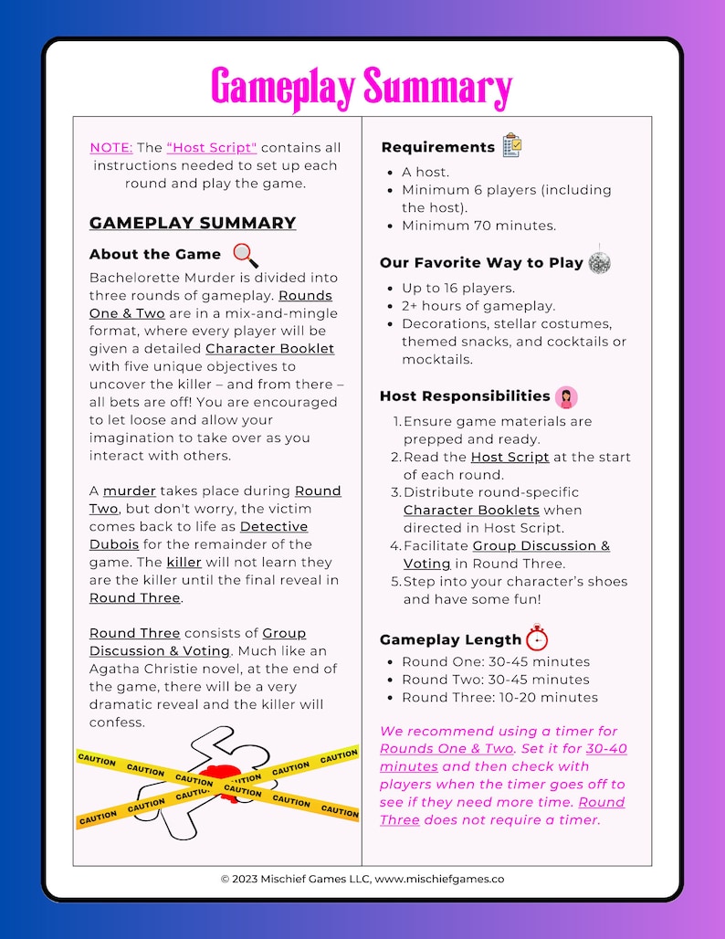 K&ouml;nnte beinhalten: Ein wei&szlig;es und lila Spielzusammenfassungsblatt mit dem Titel &bdquo;Gameplay Summary&ldquo;. Das Blatt enth&auml;lt Details zu Spielanforderungen, Spieldauer und Gastgeberverantwortlichkeiten. Enth&auml;lt Text &uuml;ber das Spiel &bdquo;Bachelorette Murder&ldquo; und eine Grafik mit Warnband.