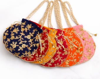 Embroidered Silk Potli Bags – Pearl Handle Bridal Clutch, Indian Wedding Favor Purse