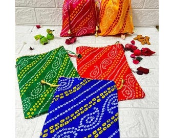 Handmade Lehariya Silk Potli Bags, Embroidered Drawstring Pouches, Festive Party Favors