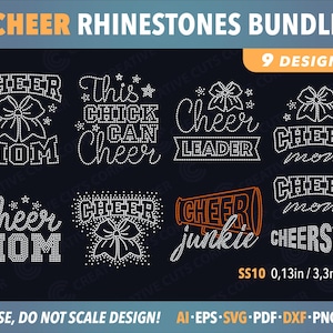 Könnte beinhalten: Eine Sammlung von neun Strassstein-Designs mit Cheerleading-Themen. Die Designs enthalten Sätze wie "Cheer Mom", "Cheer Leader" und "Cheer Junkie", alle in einem funkelnden Strass-Stil. Der Text "CHEER RHINESTONES BUNDLE" steht oben.