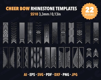 Op de afbeelding: Een donkere achtergrond toont 22 strass cheer bow sjablonen. De tekst luidt "CHEER BOW RHINESTONE TEMPLATES" en "SS10 3,3 mm / 0,13 inch". De sjablonen zijn verschillende ontwerpen, waaronder sterren, pijlen en geometrische patronen.