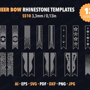 Puede incluir: Un diseño gráfico azul marino oscuro con 13 plantillas de lazos de animadora de pedrería. El texto "CHEER BOW RHINESTONE TEMPLATES" está en la parte superior, con "SS10 3,3mm / 0,13in" debajo. Los diseños incluyen estrellas y puntos.