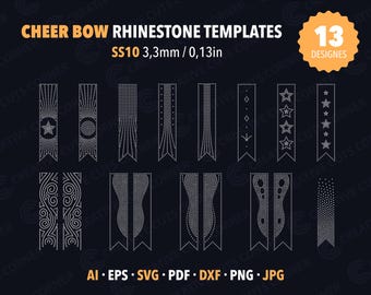 May include: A dark navy blue graphic featuring 13 rhinestone cheer bow templates. The text "CHEER BOW RHINESTONE TEMPLATES" is at the top, with "SS10 3.3mm / 0.13in" below it. The designs include stars, dots, and other patterns.