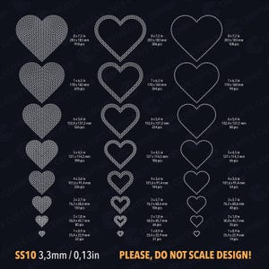 Puede incluir: Un fondo oscuro muestra varios tamaños de diseños de pedrería en forma de corazón. Los diseños incluyen corazones sólidos, corazones delineados y corazones con contornos punteados. Medidas en pulgadas y mm. Texto: "PLEASE, DO NOT SCALE DESIGN!"