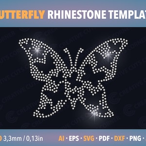 Puede incluir: Una plantilla de pedrería con forma de mariposa, con el texto "BUTTERFLY RHINESTONE TEMPLATE". La mariposa está formada por pequeños puntos brillantes. La imagen también incluye opciones de formato de archivo y el tamaño de los brillantes, 3,3 mm / 0,13 pulgadas (aproximadamente 0,33 cm).