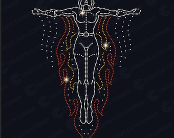 May include: A rhinestone design of a person with arms outstretched, surrounded by flames. The flames are outlined in red, yellow, and orange rhinestones.
