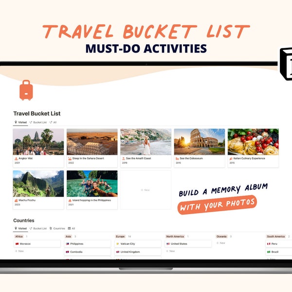 Notion Template Travel Bucket List | Destinations de voyage pour Notion | Notion de liste de seaux de voyage ultime