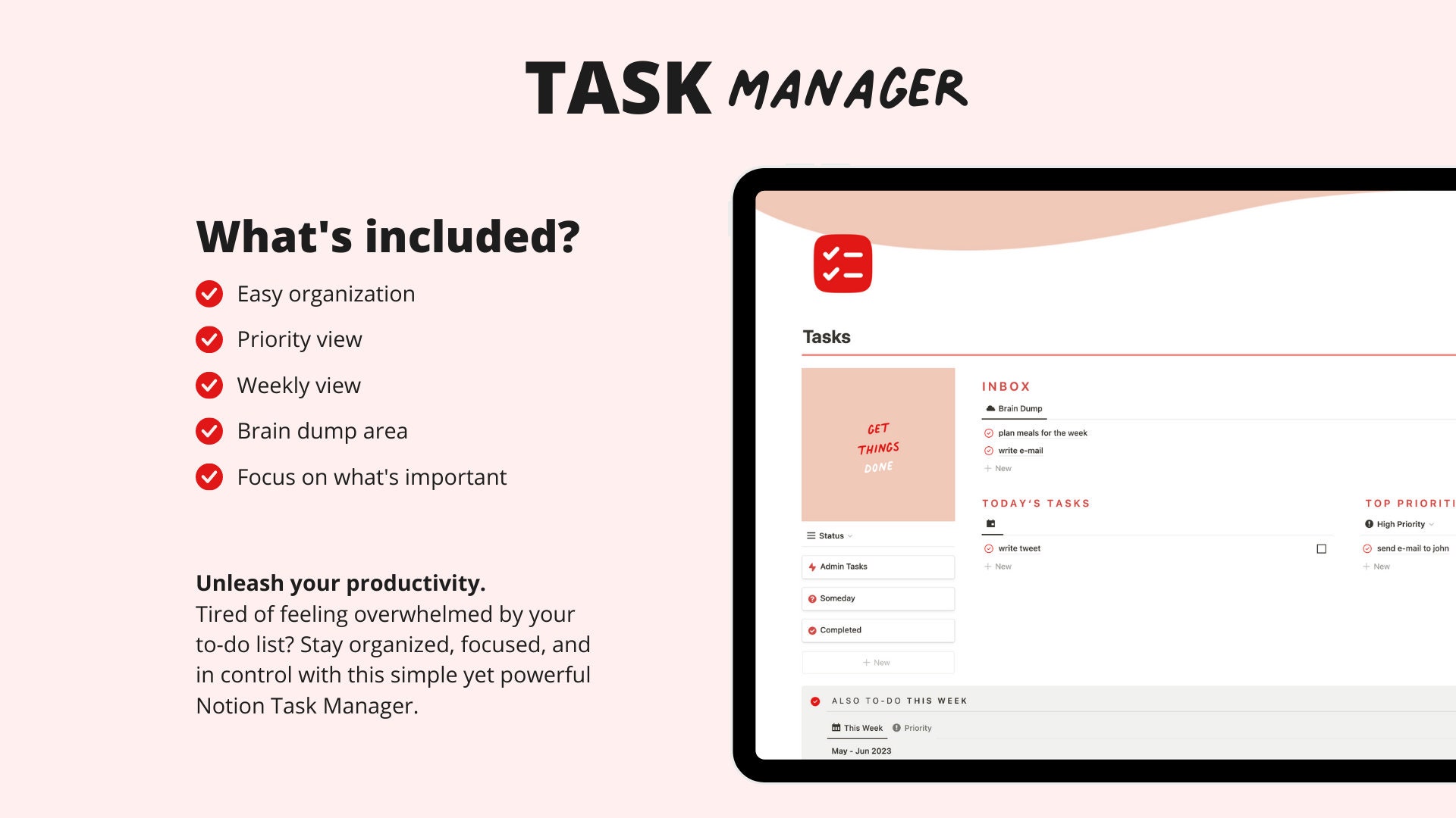 Notion Template Task Manager | Productivity Manager, Weekly Planner for ...