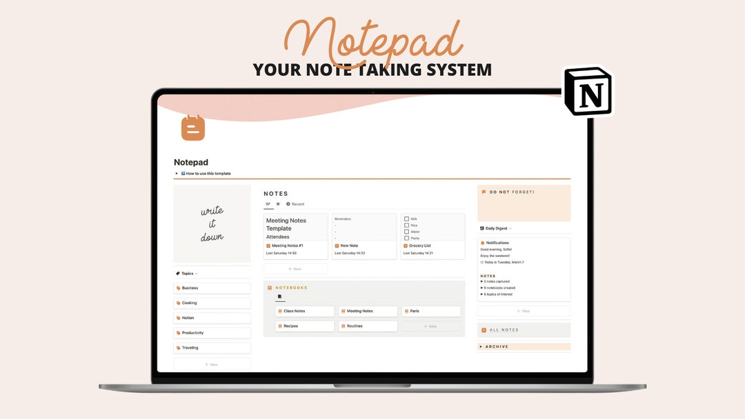 Notion Template Notepad Notetaking Planner, Personal Notes Organizer