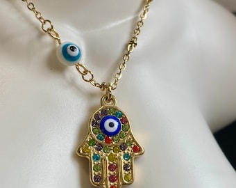 Gold & Rainbow Diamond Swarovski Evil Eye Necklace