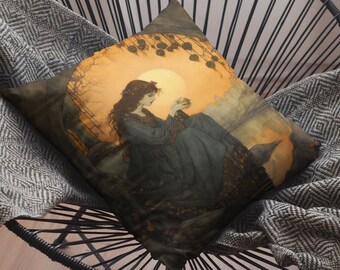 Cozy Fall Warmth, Fantasy Style, Beautiful Art Design. Spun Polyester Square Pillow. Autumn Lake Maiden Scene, House Warming, Holiday Gift