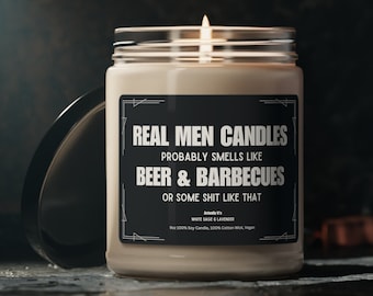 Real Men Candles, Beer & Barbecue Funny Soy Candle, 9oz Scented, Silly Gifts For Men, Fun Gift For Husband, Boyfriend, Gift For Dad Grandad