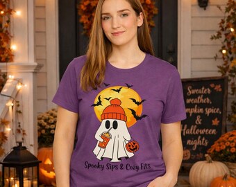 Cute Ghost Halloween T-Shirt Women, Spooky Season Coffee Graphic Tee, Cozy Fall Top