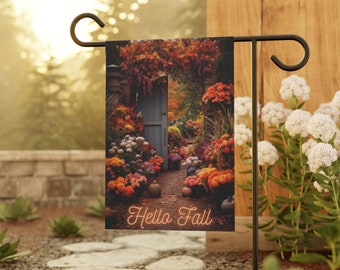 Hello Fall Garden Flag, Autumnal Design Seasonal Gift Idea. Garden Gate, Fall Flowers And Leaves, Fall Colors, Seasonal Garden Banner