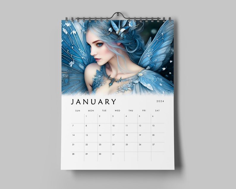 Blue Fairies 2024 Monthly Calendar Printable, Fairy Lover Fantasy Art
