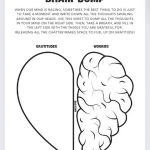 Op de afbeelding: Een printbaar werkblad met een schets van een brein, verdeeld in twee secties. De linkerzijde is hartvormig en heeft het label "Dankbaarheid". De rechterzijde heeft het label "Zorgen". De tekst "ADEMEN" staat verticaal tussen de twee secties.