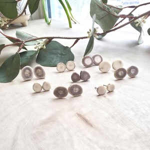 May include: A collection of small, circular stud earrings crafted from natural antler material. Each pair features a unique cross-section pattern with a light-coloured outer ring and a darker, textured centre in shades of beige, grey, and brown.