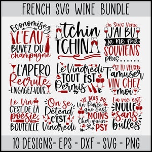 10 種類のフランスワイン SVG バンドル、シャツ用シャツ デザイン SVG ファイル、T シャツ、枕、マグカップ、ウォール アート用のフランス語の格言 SVG ファイル