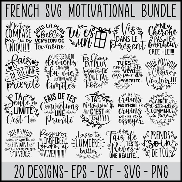 Lot de 20 fichiers SVG motivants, dessins de chemises, fichiers SVG pour chemises, dicton français fichiers SVG pour t-shirts, oreillers, tasses, art mural